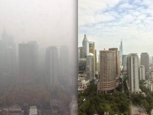 Side-by-side image of the smog density in Shanghai. (Weisenthal, 2013).